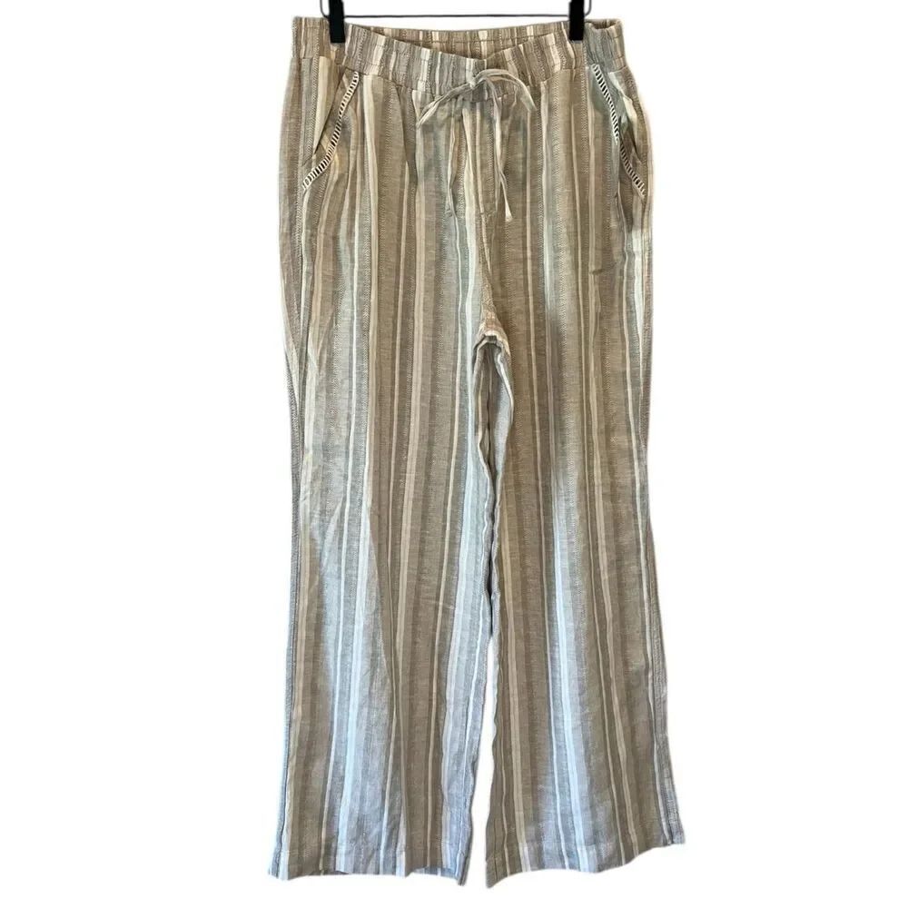 Briggs NWT Womens Linen Blend Pants Beige Striped Size XL Straight Leg Pull On